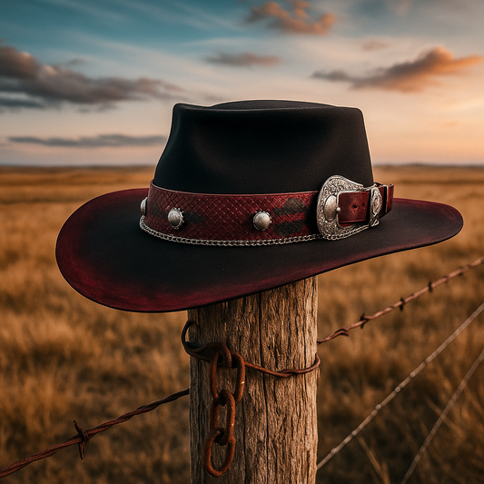Leather Cowboy Hat with Ornate Belt Buckle Band