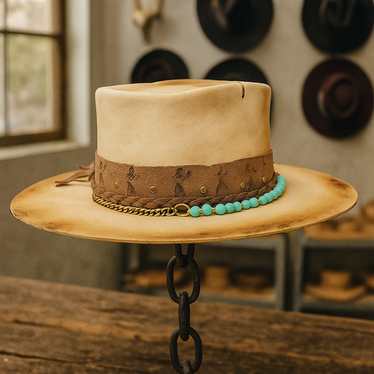 Handcrafted Beige Fedora with Turquoise Bead & Chain Band