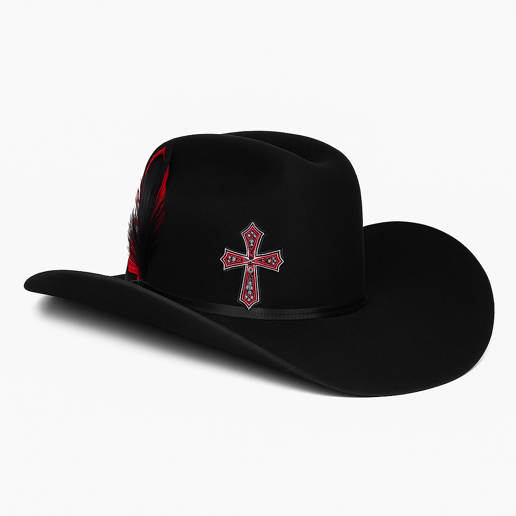 Black Wool Cowboy Hat With Red Cross & Feather Accents