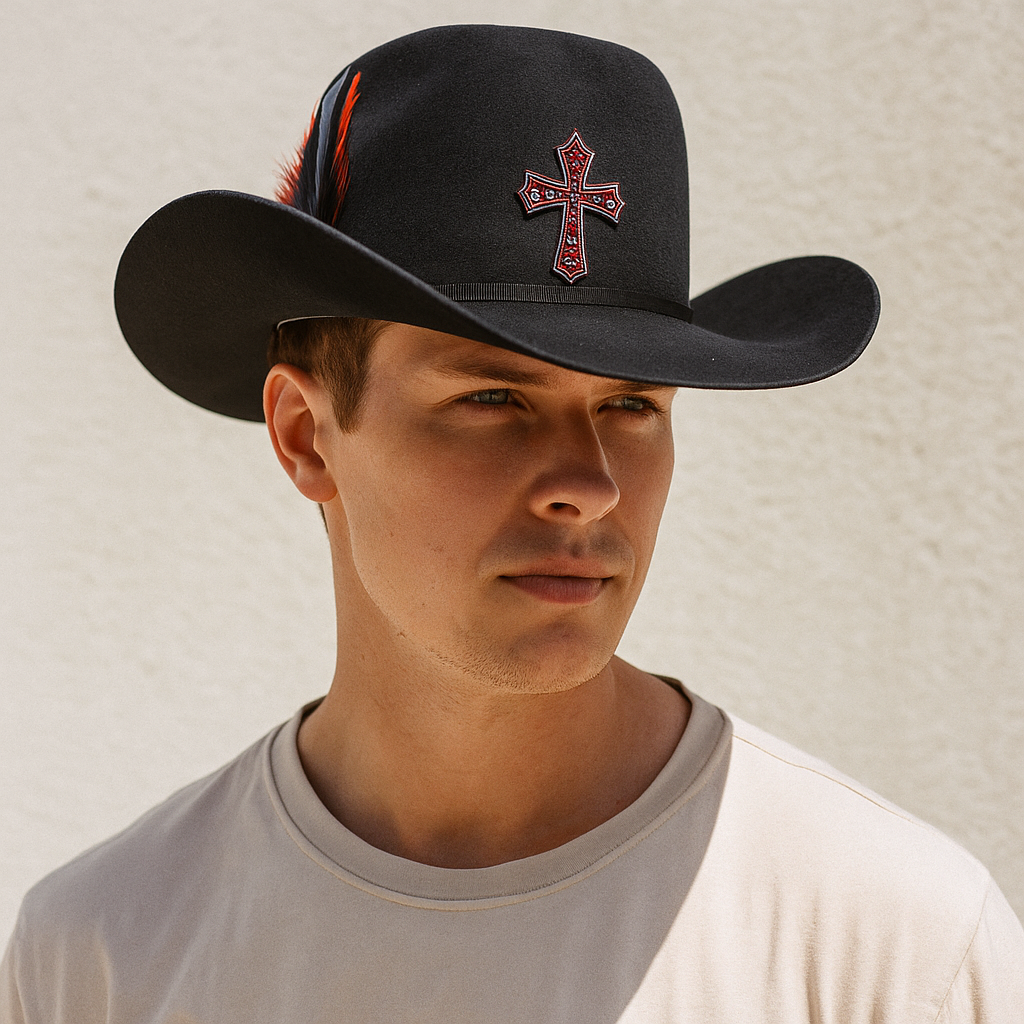 Black Wool Cowboy Hat With Red Cross & Feather Accents