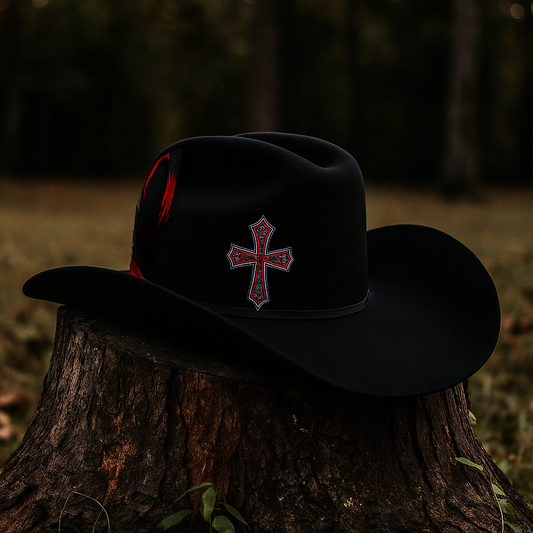 Black Wool Cowboy Hat With Red Cross & Feather Accents
