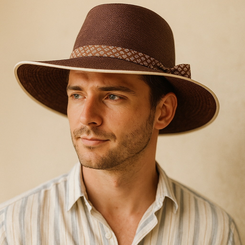 Brown Woven Straw Hat With Patterned Band