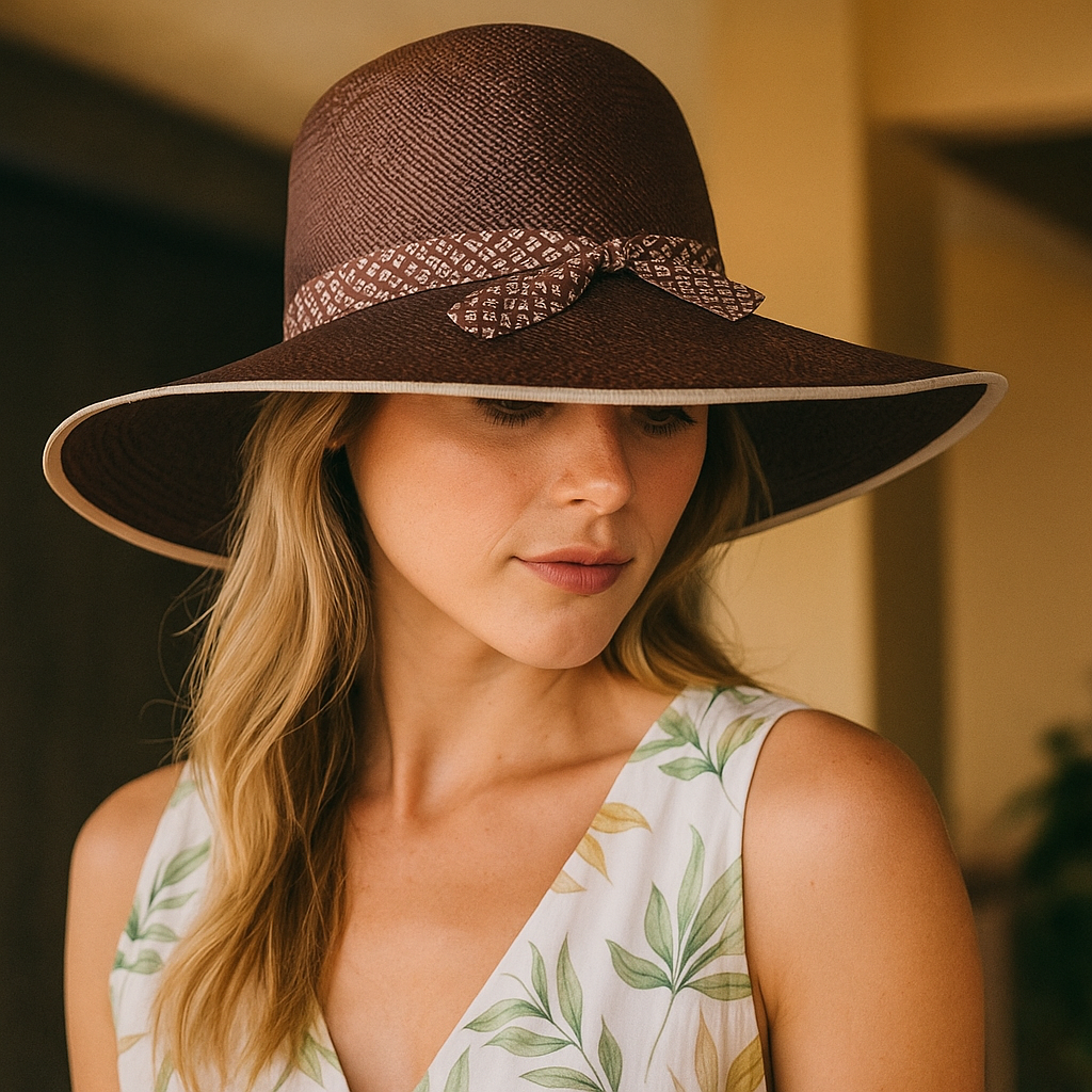 Brown Woven Straw Hat With Patterned Band