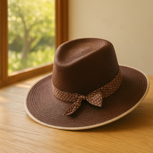 Brown Woven Straw Hat With Patterned Band