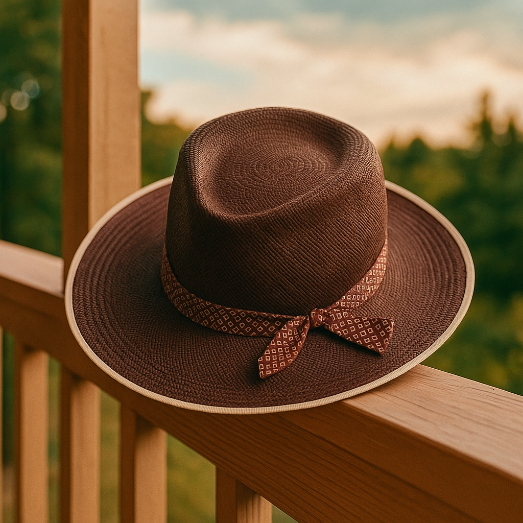Brown Woven Straw Hat With Patterned Band