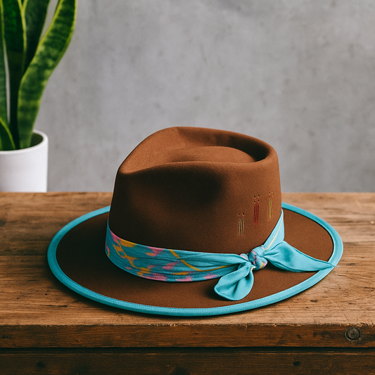 Brown Cowboy Hat With Colorful Band & Turquoise Trim
