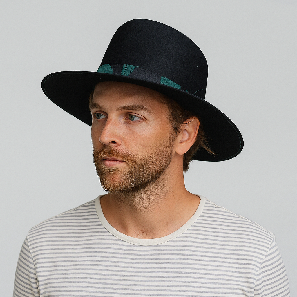 Black Wool Felt Hat With Teal Embroidered Band