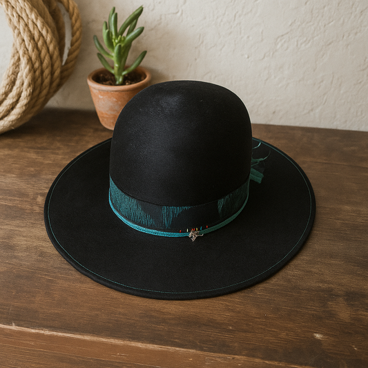 Black Wool Felt Hat With Teal Embroidered Band
