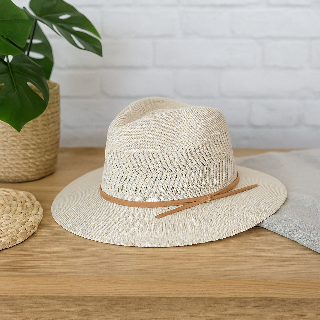 Beige Woven Straw Fedora With Leather Band