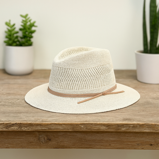 Beige Woven Straw Fedora With Leather Band