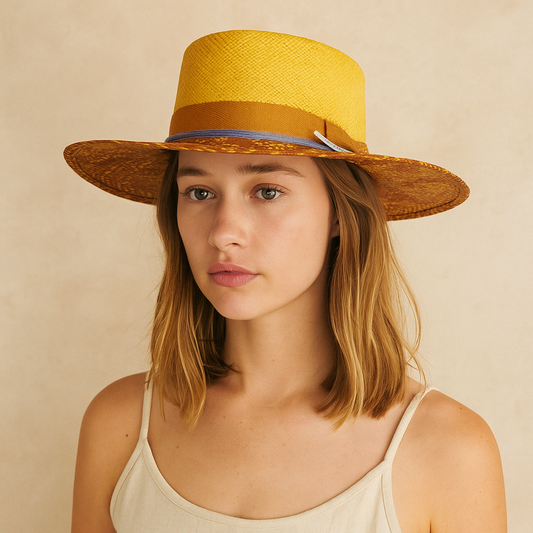 Woven Straw Hat With Blue Ribbon Accent