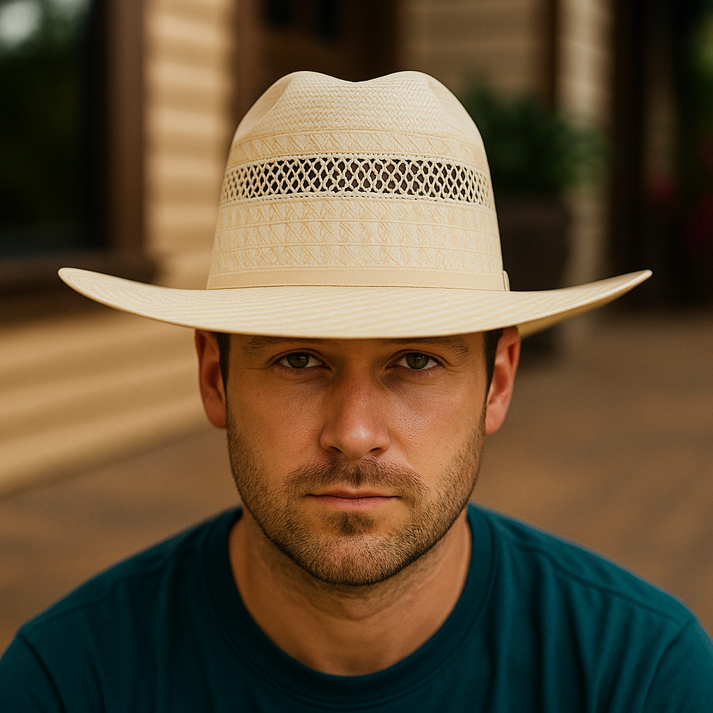 Beige Woven Straw Cowboy Hat With Ventilated Band