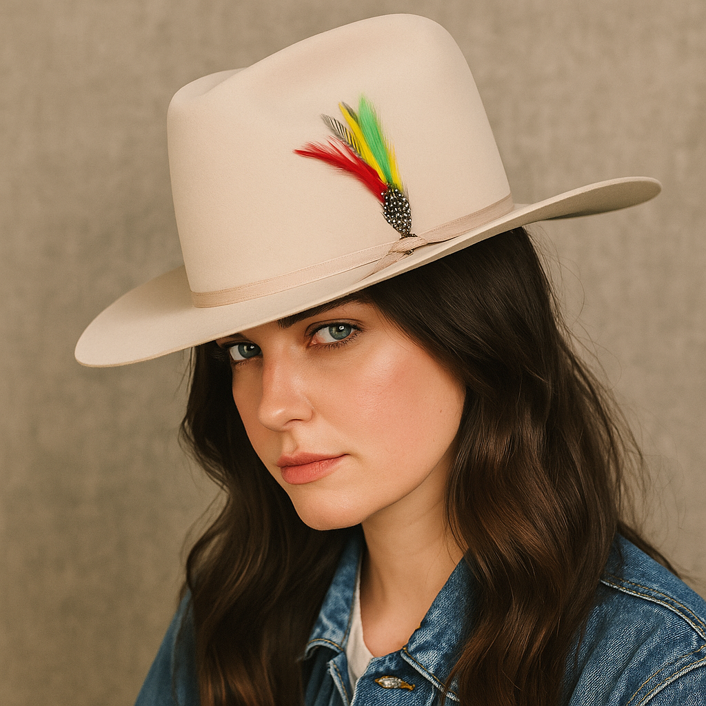 Beige Wool Cowboy Hat With Colorful Feather Accent