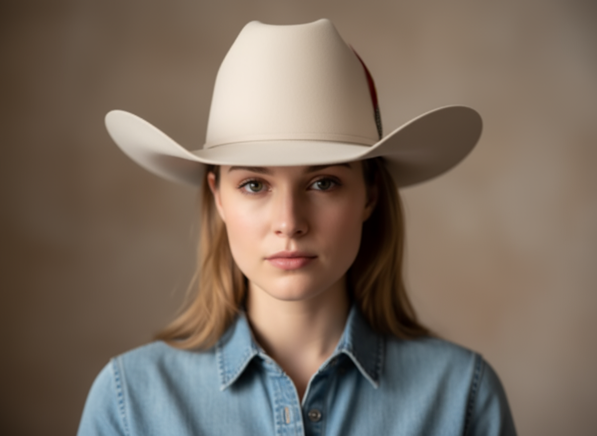Beige Wool Cowboy Hat With Colorful Feather Accent