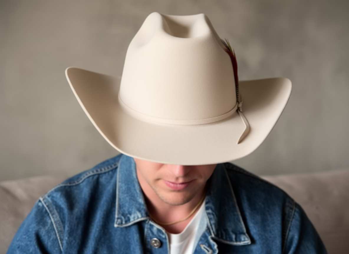 Beige Wool Cowboy Hat With Colorful Feather Accent