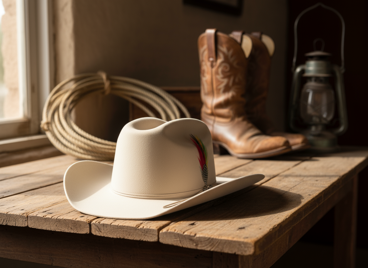Beige Wool Cowboy Hat With Colorful Feather Accent