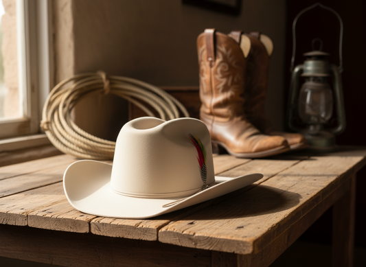 Beige Wool Cowboy Hat With Colorful Feather Accent